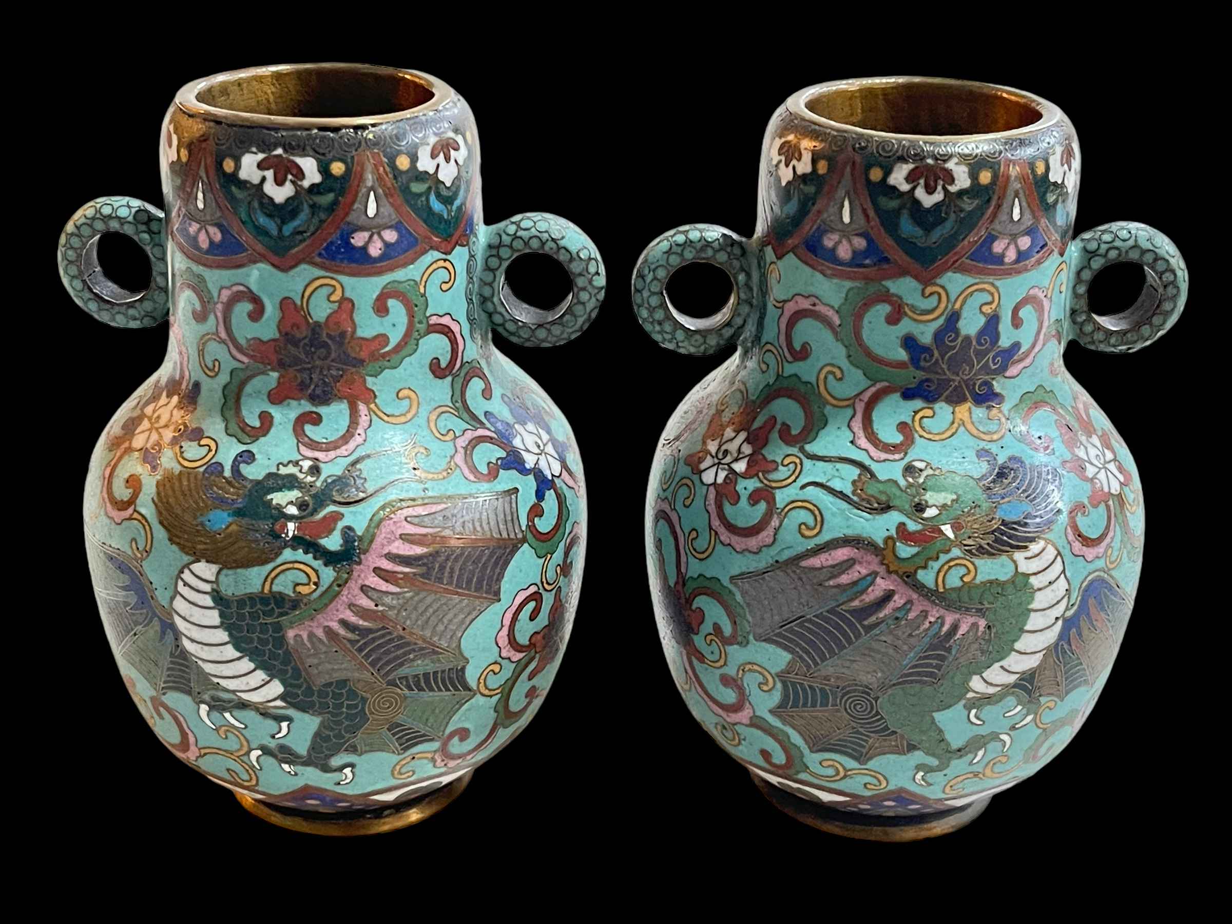 Pair Chinese Cloisonné two handle vases, profusely decorated with winged dragons, 15cm.