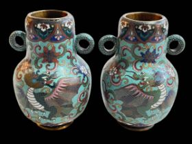 Pair Chinese Cloisonné two handle vases, profusely decorated with winged dragons, 15cm.