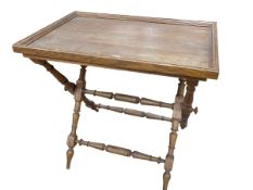 Butlers tray on turned leg folding stand, 77cm by 89cm by 55cm.
