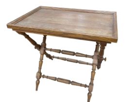 Butlers tray on turned leg folding stand, 77cm by 89cm by 55cm.