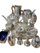 Silver topped crystal caster, collection of silver plated ware, five piece Piquot tea service, etc.