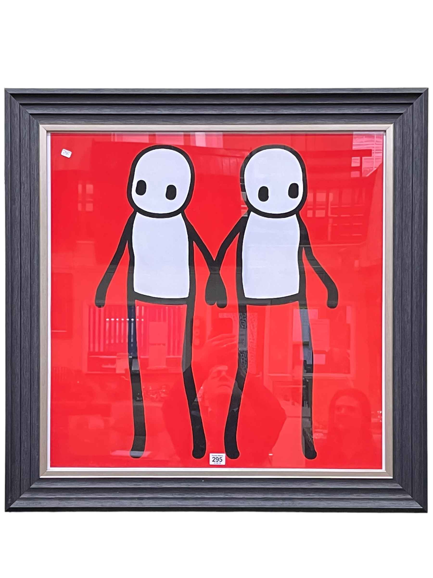 Stik, Red Holding Hands, contemporary print, 67cm by 67cm, in black frame.