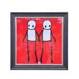 Stik, Red Holding Hands, contemporary print, 67cm by 67cm, in black frame.