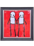 Stik, Red Holding Hands, contemporary print, 67cm by 67cm, in black frame.