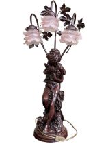 Large three branch figure table lamp with pink glass shades, 82cm.