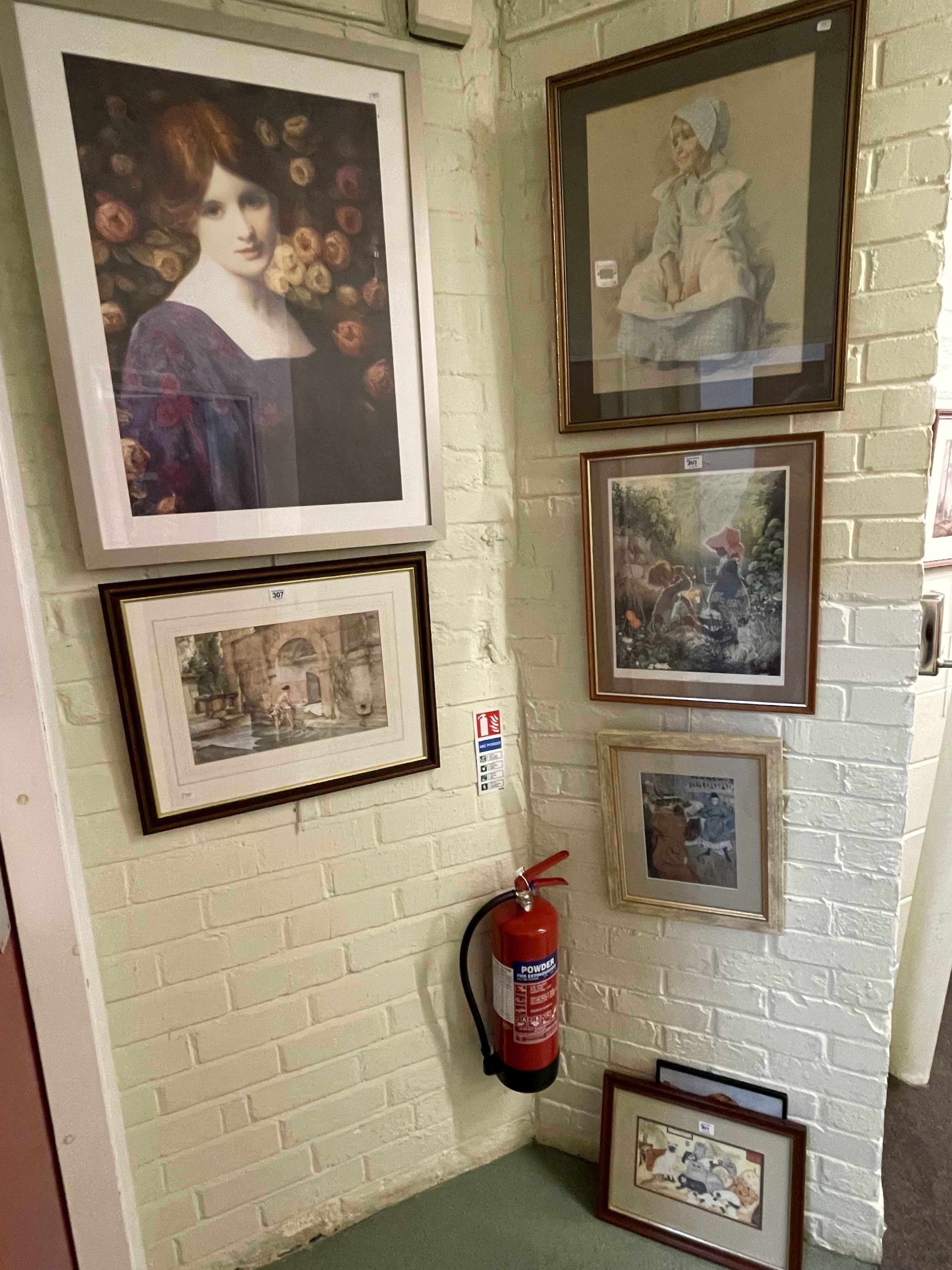 Collection of seven framed pictures including Russell Flint print, portrait prints, etc.