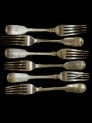 Four Victorian silver fiddle pattern table forks, London 1864, and two similar forks (6).