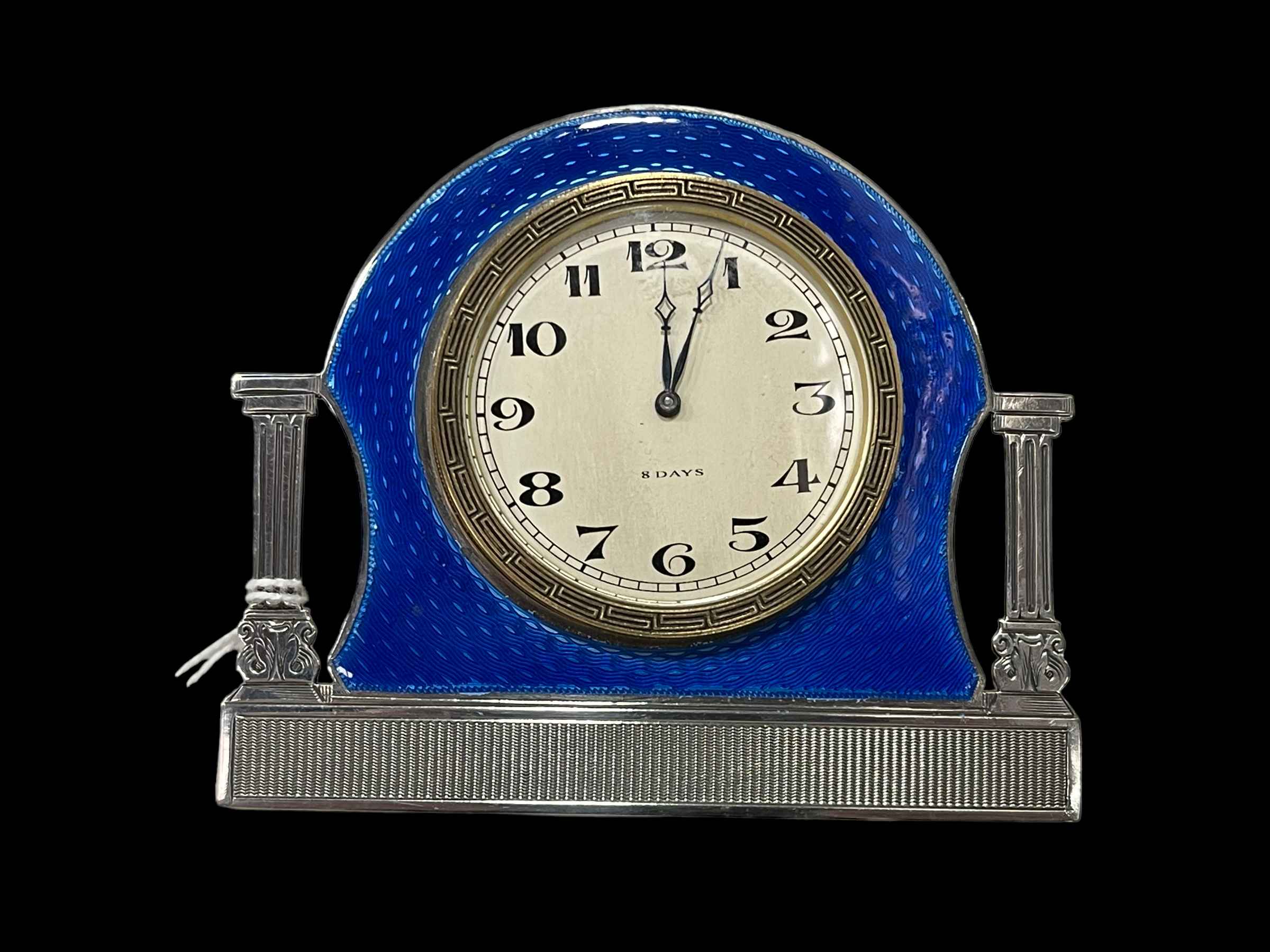 Silver and blue enamel Art Deco eight day boudoir easel clock, Birmingham 1929, 8.5cm by 10cm.