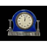 Silver and blue enamel Art Deco eight day boudoir easel clock, Birmingham 1929, 8.5cm by 10cm.