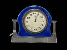 Silver and blue enamel Art Deco eight day boudoir easel clock, Birmingham 1929, 8.5cm by 10cm.