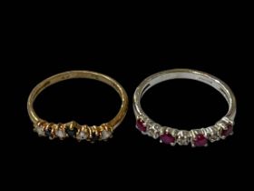 Two 9 carat gold ruby, sapphire and diamond rings.