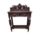 Victorian carved oak two drawer hall table, 103cm by 75cm by 30cm.