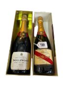 Two bottles of champagne, Bollinger Special Cuvee and GH Mumm Brut.