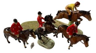 Five Beswick hunting pieces, Lady Steeplechaser, Rearing Huntsman, two Huntsman and a stand.