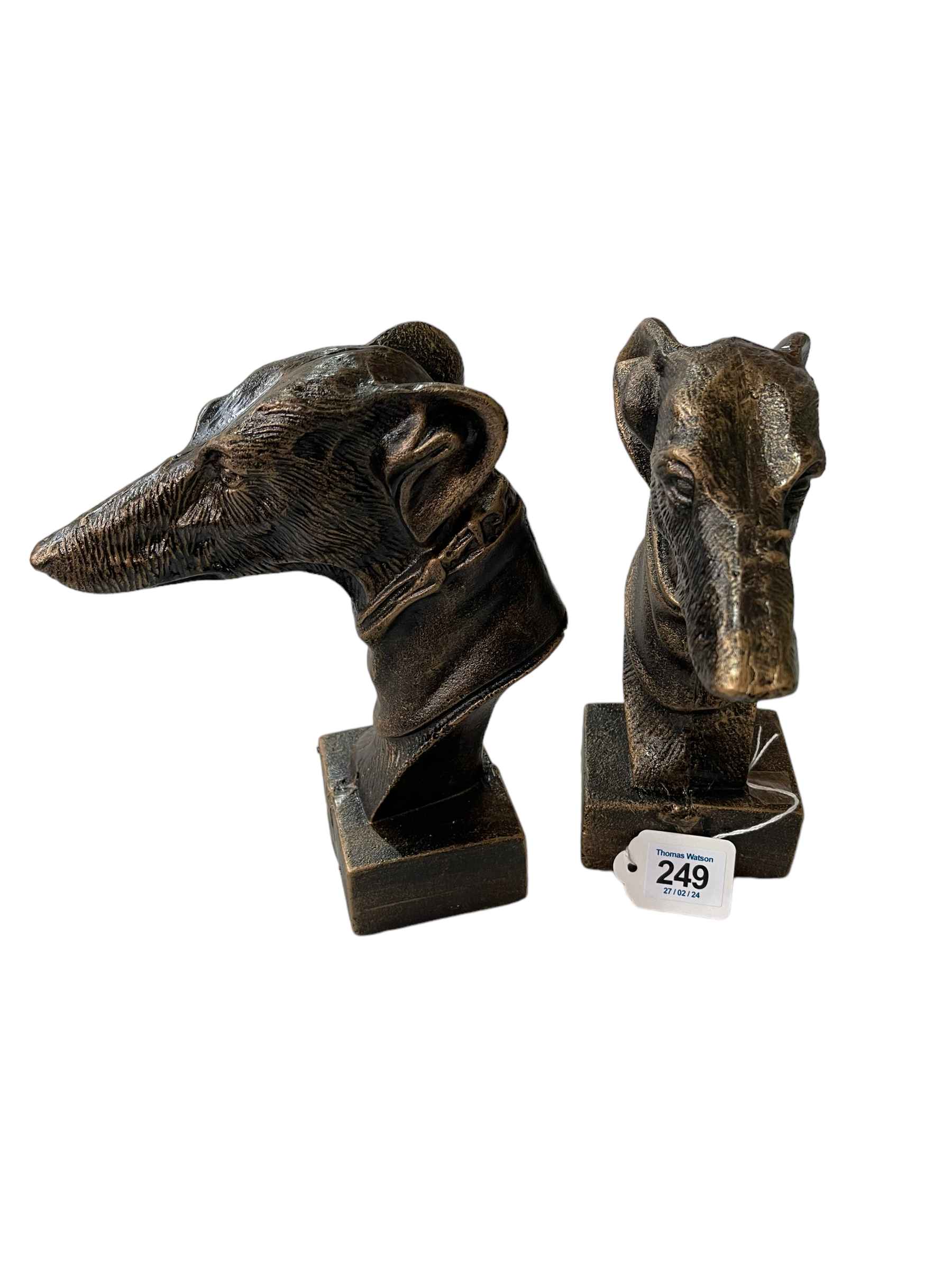 Two bronzed finish greyhound heads, 22cm.