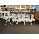 Painted aluminium five piece patio set comprising triple panel back bench, two chairs,