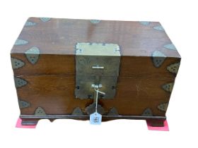 Oriental style brass bound box, 41cm by 23cm by 23cm.