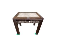 Chinese carved hardwood and marble inset stand, 35.5cm by 41cm by 31cm.