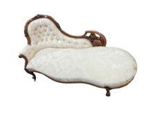 Victorian mahogany framed chaise longue in light buttoned classical fabric.