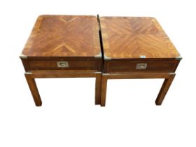 Pair Campaign style brass bound single drawer lamp tables, 56.5cm by 58cm by 68cm.