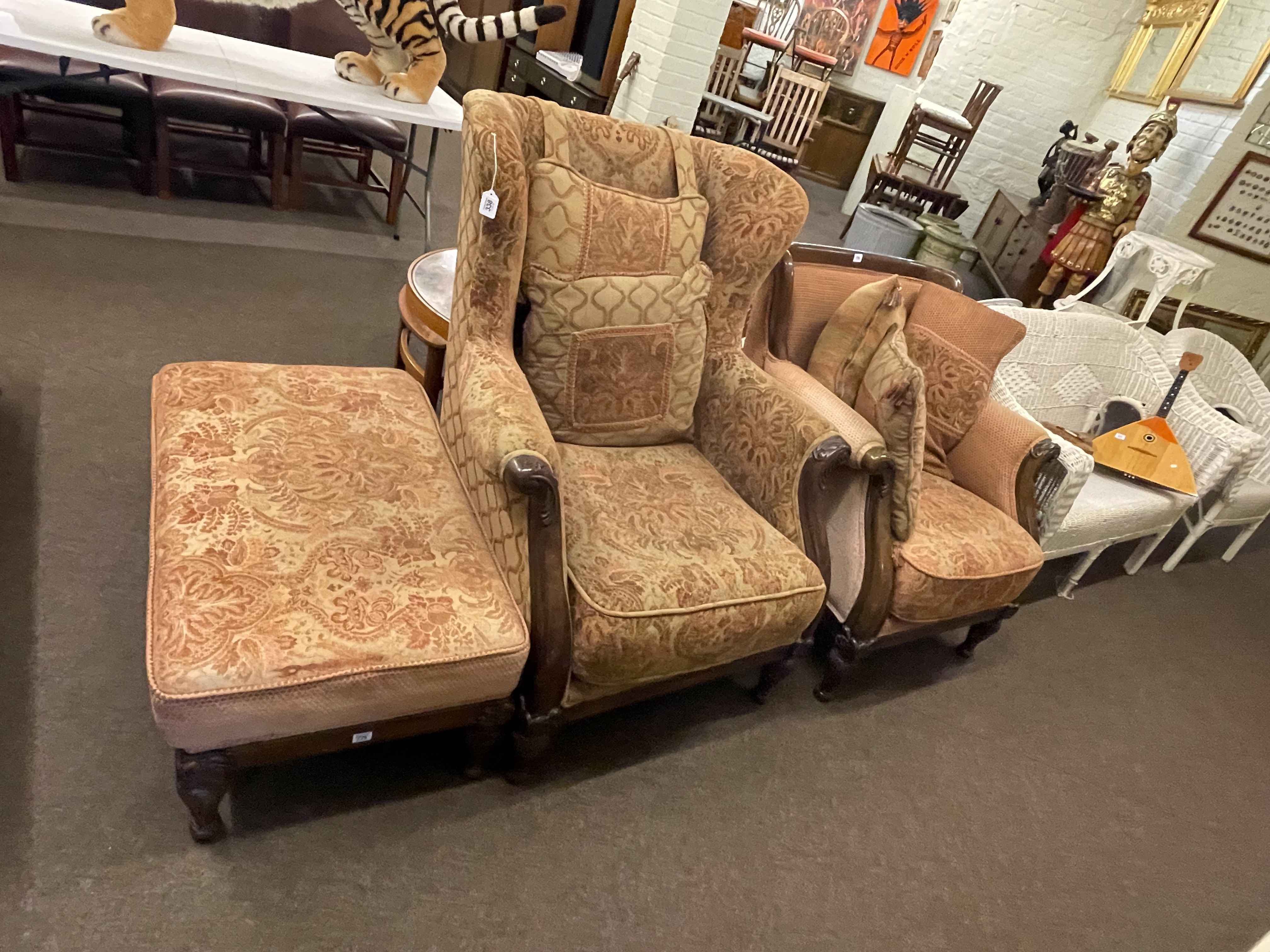 Pair Victorian style ladies and gents armchairs and matching footstool (3).