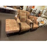 Pair Victorian style ladies and gents armchairs and matching footstool (3).