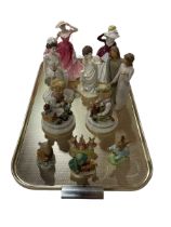 Tray lot with three Coalport and one Royal Doulton figure, pair Goebel figures, three Bunnykins,