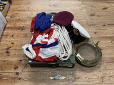 Collection of military and naval interest including gas mask, tin helmets, RNLI flag,