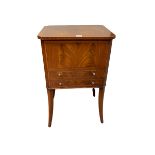 Line inlaid mahogany crossbanded two drawer sewing box on splayed legs, 69.6cm by 44cm by 34cm.