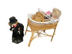 Clown figure, wicker basket on stand, teddy bears, etc.