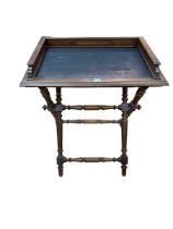 Late Victorian Butlers tray on folding turned reeded leg stand, 78cm by 71cm by 49cm.