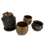 Pair Japanese bronze bowls, 8.5cm high, and lidded jar and small planter (4).