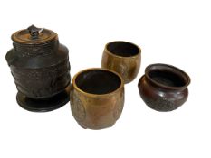 Pair Japanese bronze bowls, 8.5cm high, and lidded jar and small planter (4).