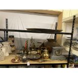 Large copper beaten pot, large trays, mantel clock,