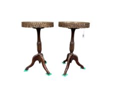 Pair Continental marble topped tripod wine tables, 58cm by 34cm diameter.