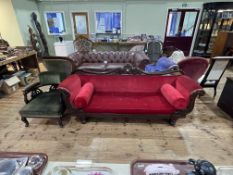 Victorian mahogany framed double scroll end settee and Victorian tub armchair (2).