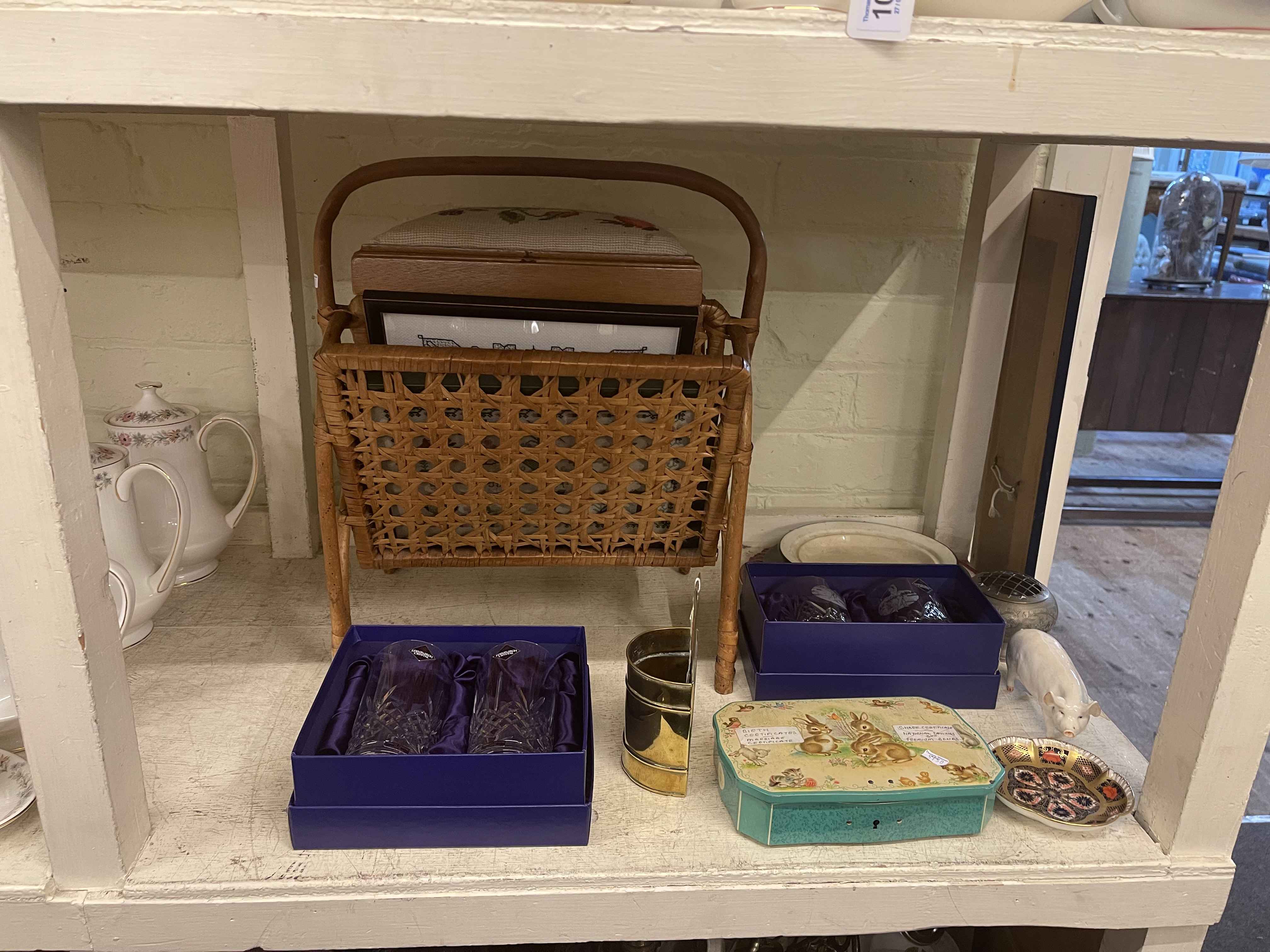 Royal Crown Derby Imari dish, boxed Edinburgh crystal, wicker magazine rack, embroidered footstool,