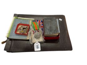 WWII India Military photo album, enamel sweetheart brooches, medals, bibles, etc.