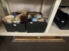 Two boxes of assorted porcelain and a gilt mirror.