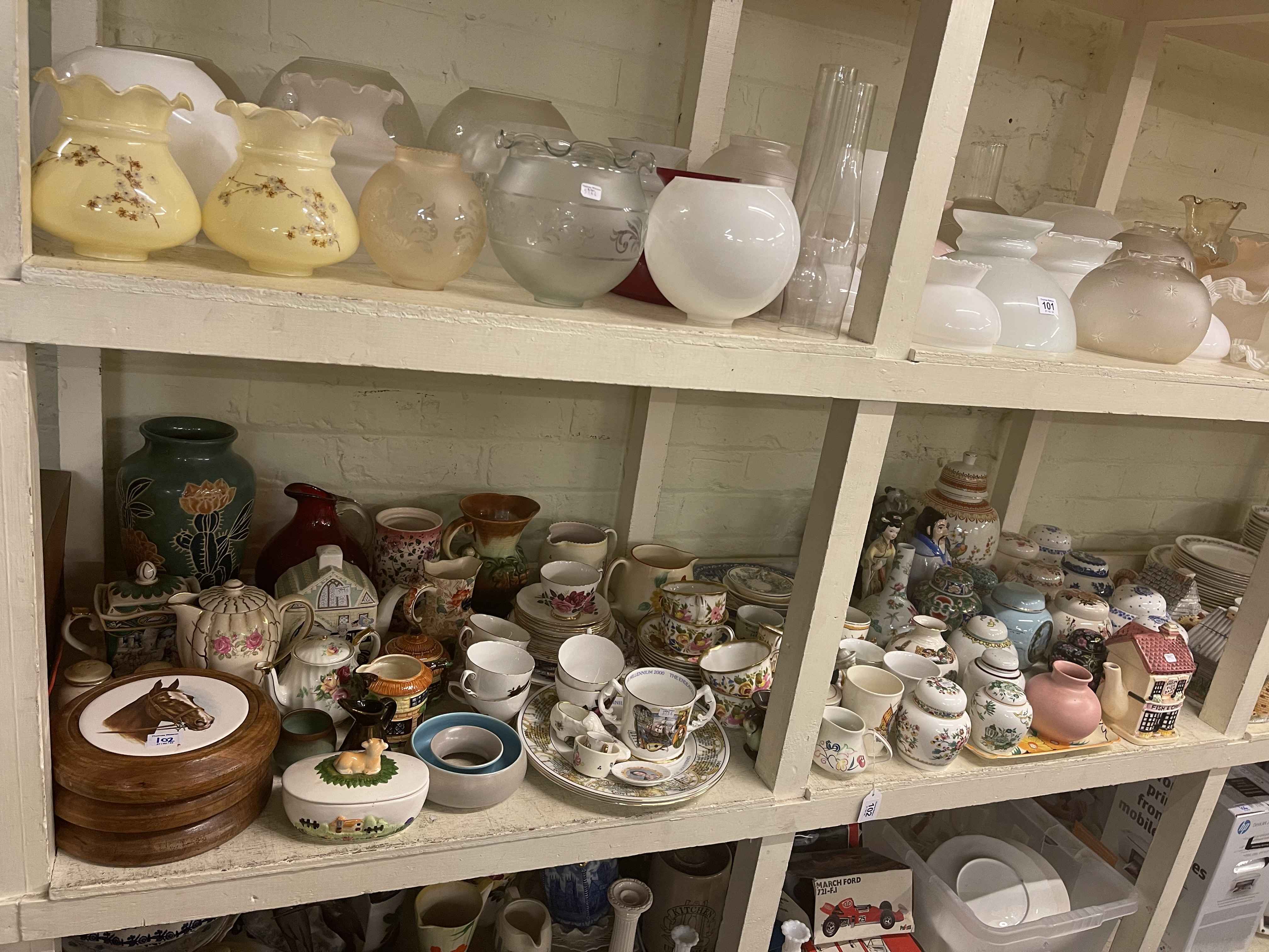 Collection of ginger jars, novelty teapots, Victorian pottery, horse wall plaques, etc.