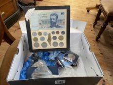 Box of coinage inc pre 1947 silver (Queen Victoria Florin), comm crowns, five pound coins, etc.