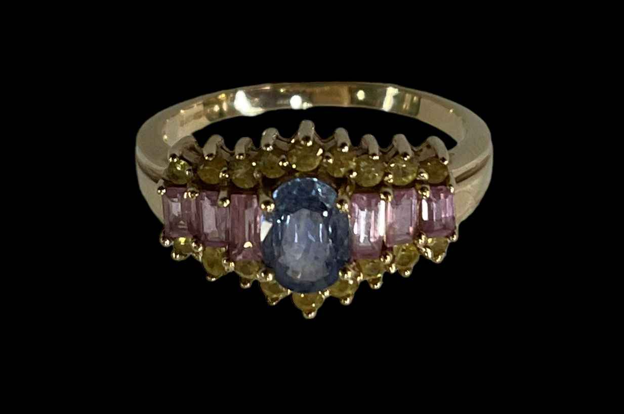 Blue, pink and yellow sapphire 9 carat gold ring, size S.