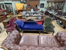 Victorian rosewood scroll end chaise longue and two Victorian armchairs (3).