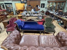 Victorian rosewood scroll end chaise longue and two Victorian armchairs (3).