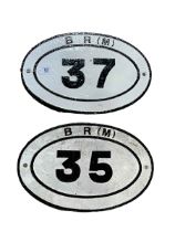 Two cast iron BR(M) bridge railway signs, 35 and 37.