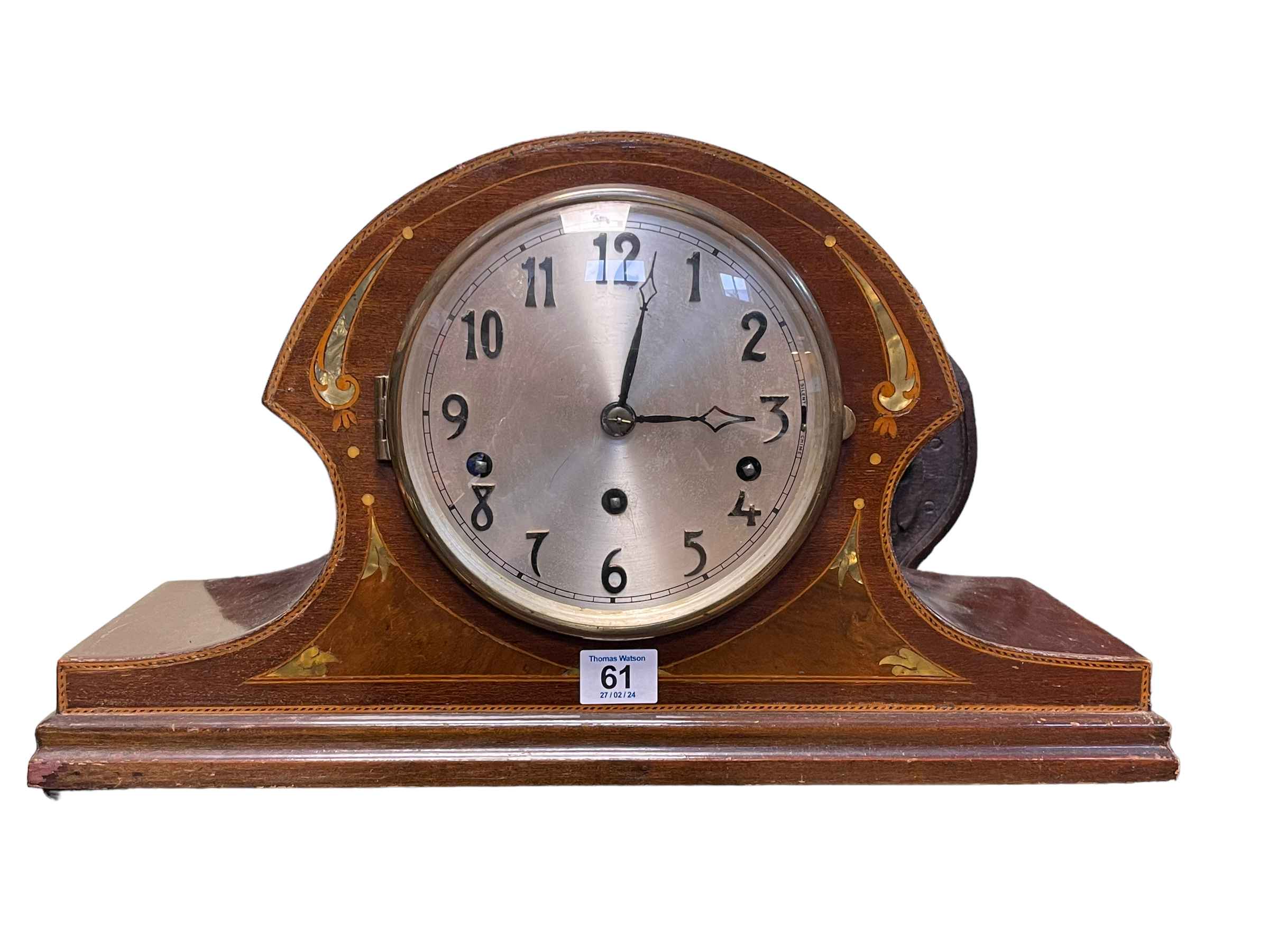 Vintage mahogany inlaid mantel clock, 27cm high.