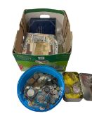 Box with coins, stamps and cigarette cards.