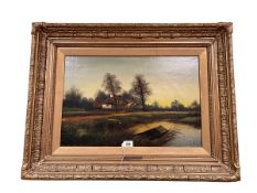 H Cole, Cottage by a Pond at Sunset, 19th Century oil on canvas, signed lower right, 39.5cm by 59.