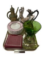 Tray lot with dessert plates, inkstand, EP jugs, etc.