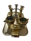 Pair 19th Century heavy brass urns, 16cm, antique brass candlesticks, London clock,